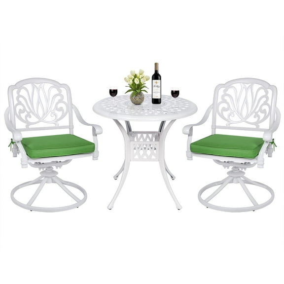 MEETWARM 3-Piece Outdoor Patio Dining Set, All-Weather Cast Aluminum Patio Conversation Set for Backyard Garden Deck with 2 Cushions Swivel Rocker Chairs and 31" Round Table, 2" Umbrella Hole, White