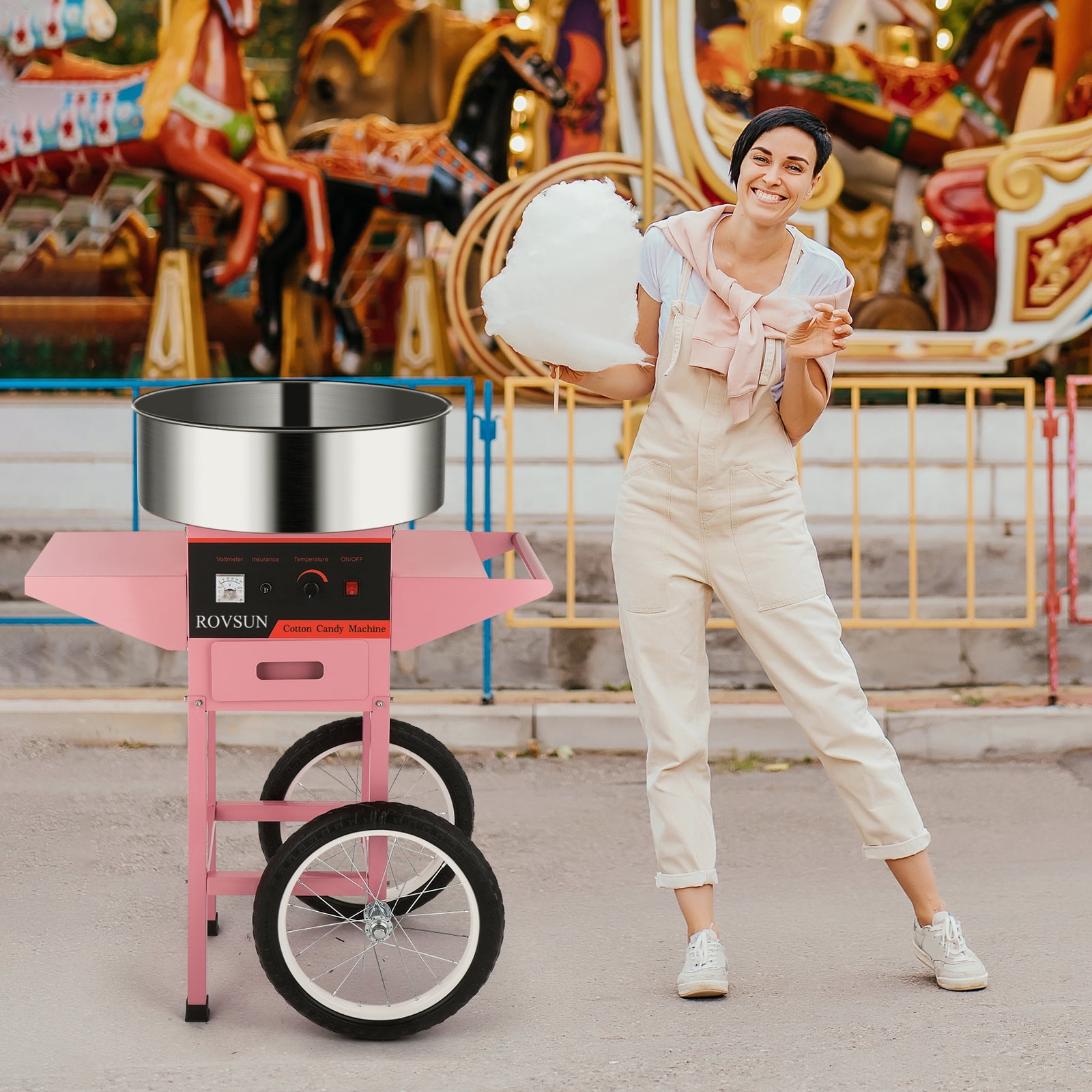 ROVSUN Cotton Candy Machine with Cart Stainless Steel, 21 Inch Electric Cotton Candy Maker Candy Floss Maker w/Sugar Scoop and Large Storage Drawer for Commercial Home Party Carnival, Pink