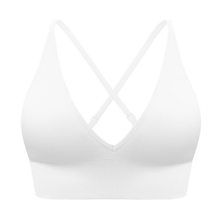 HAJGJP Women Underwear Women s V Neck Long Line Sports Bra Strap Padded Cup Adjustable Thin Strap Fitness Yoga Short Top White M