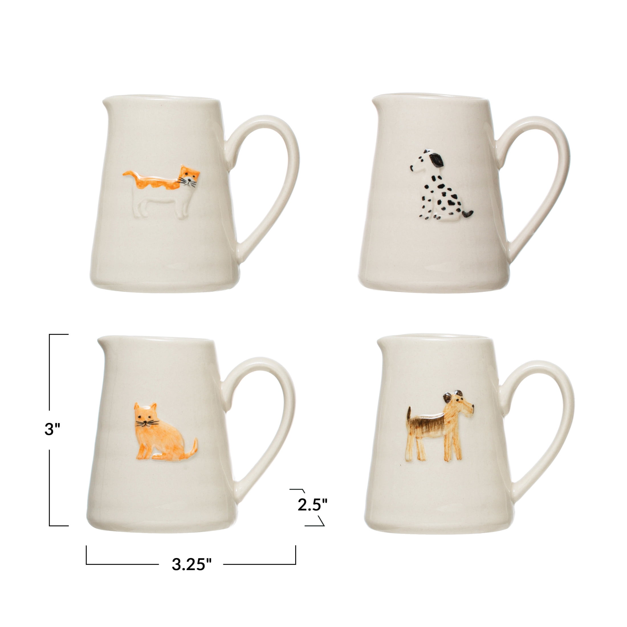 Creative Co-Op Ceramic Pitchers with Hand-Painted and Embossed Cat and Dog Designs, Set of 4 Styles