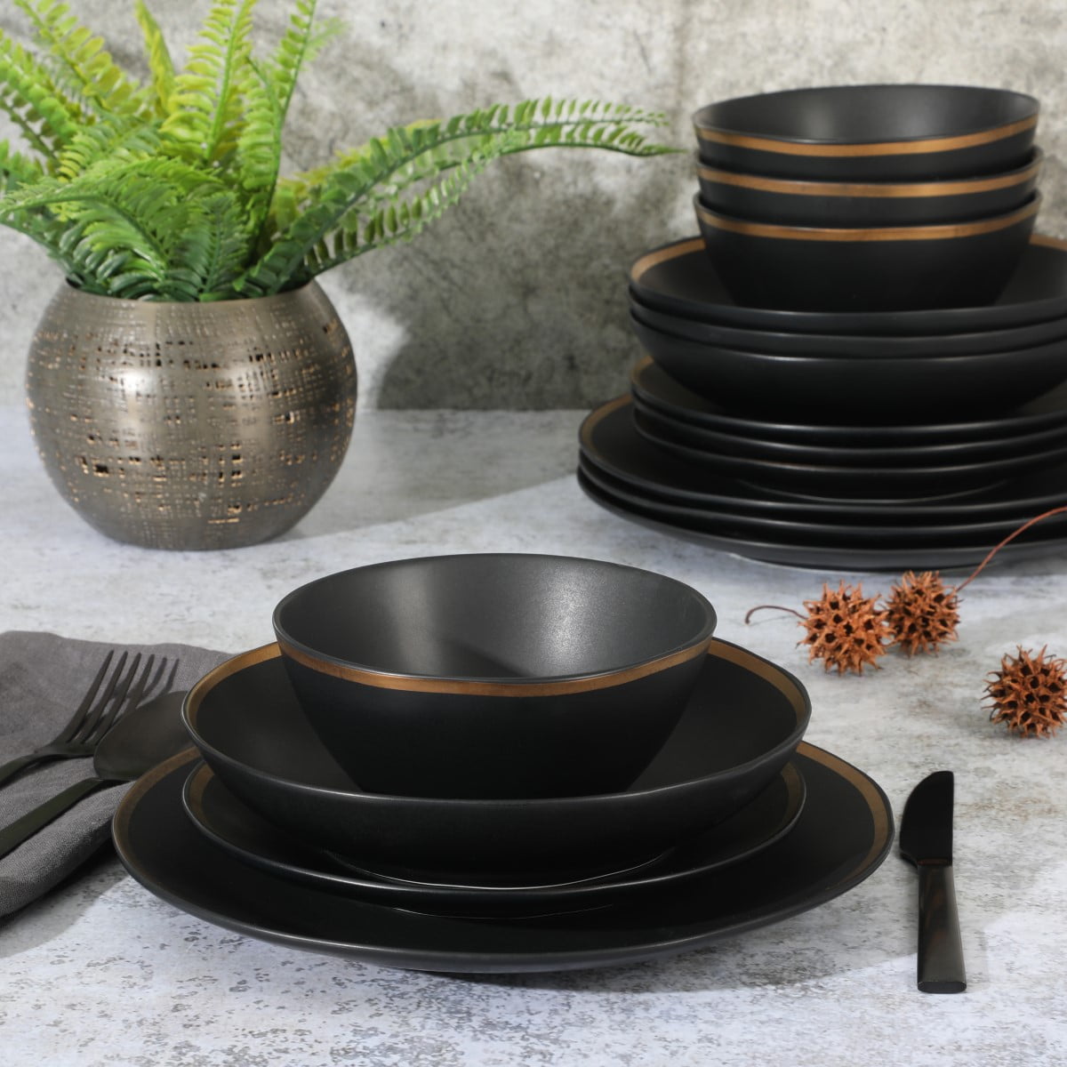 Gibson Elite Kings Road Double Plates and Bowl Organic Round Porcelain Dinnerware Set - Matte Black w/ Gold Rim