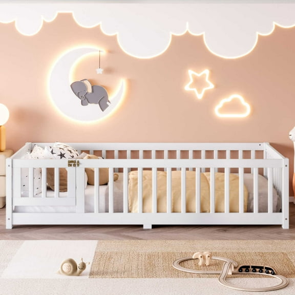 Queen Size Floor Bed with Safety Guardrails and Door for KidsWhite   Pine   Plywood   Twin