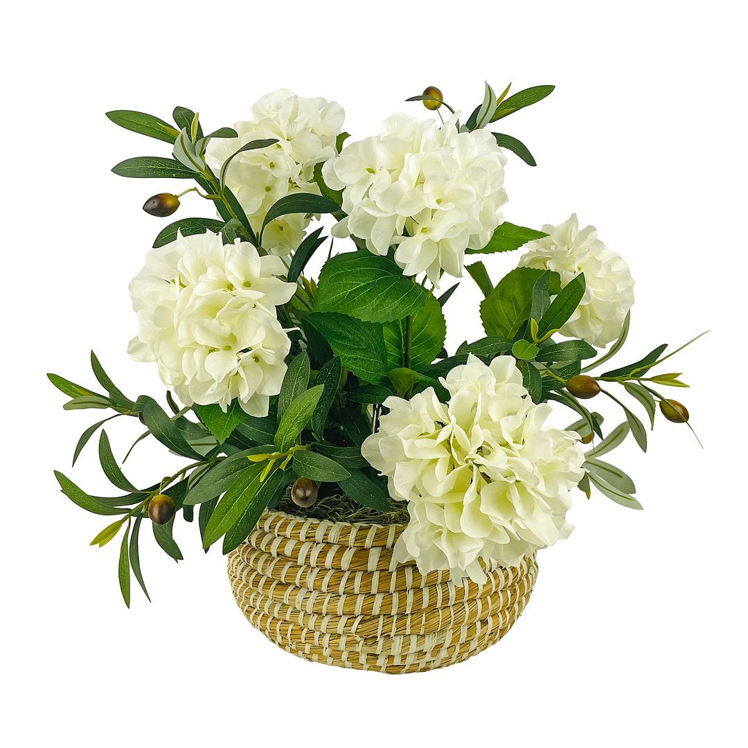 Artificial Plant, 1.67ft Artificial White Hydrangea Plant with Olive Branches in a White Basket by LCG Florals, Faux Designer Fake Indoor Tree for Living Room, Office, and Home Décor