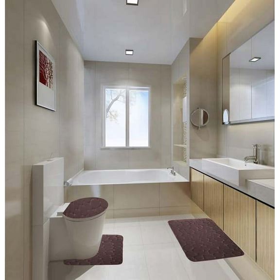 3PC CORAL DESIGN BROWN Design Bathroom Bath Mat Set Includes, 1 Contour Mat, 1 Lid Toilet Cover, 1 Bath Mat Ultra Absorbent with Anti-Slip Backings ( FOR STANDARD SIZE ONLY )
