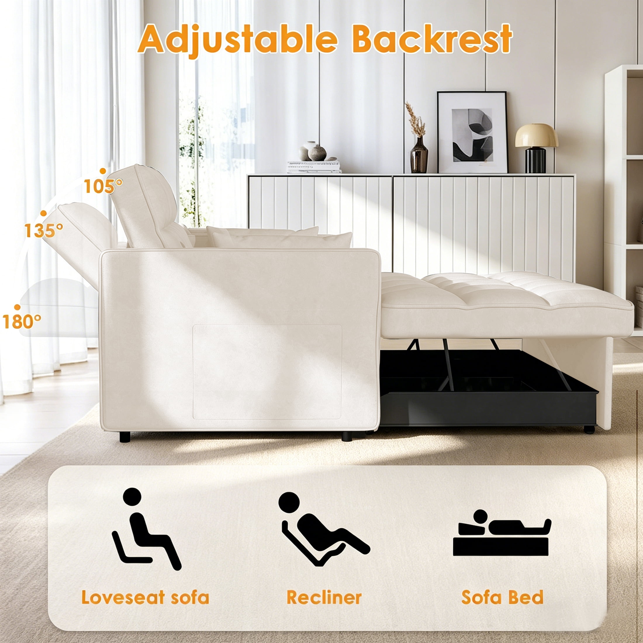AISWORD Convertible Sofa Bed, 3 in 1 Pull Out Sleeper Loveseat Couch with Storage, Beige