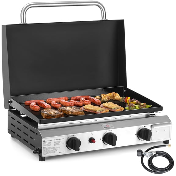 WARMOUNTS 3 Burner 23'' Portable Propane Gas Griddle, 21000 BTU Flat Top Grill with Lid, Table Top Griddle with Nonstick Enameled Tray, grease pan for Camping, BBQ
