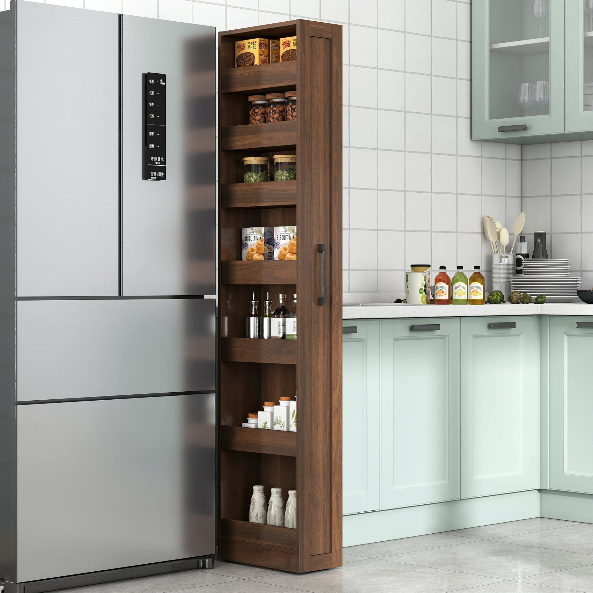 Leumius 7 Tier Multipurpose Pull-out Storage Shelf, Single-sided Open Shelf for Kitchen Living Room and Narrow Spaces Walnut