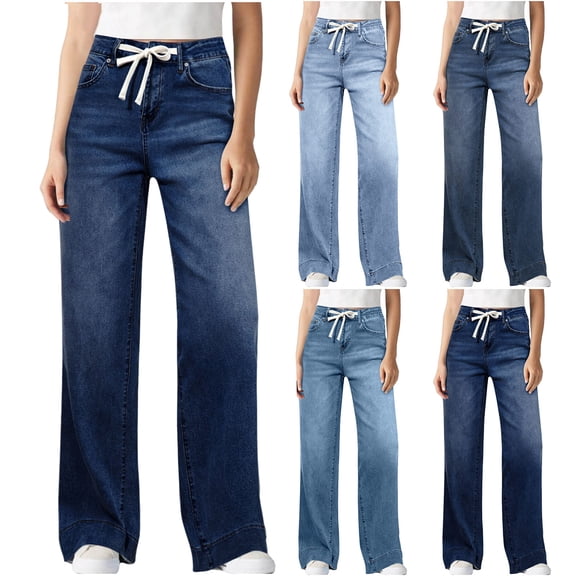 Stretchy Jeans for Women Drawstring High Waist Denim Pants with Pockets Washed Straight Leg Jeans Pants
