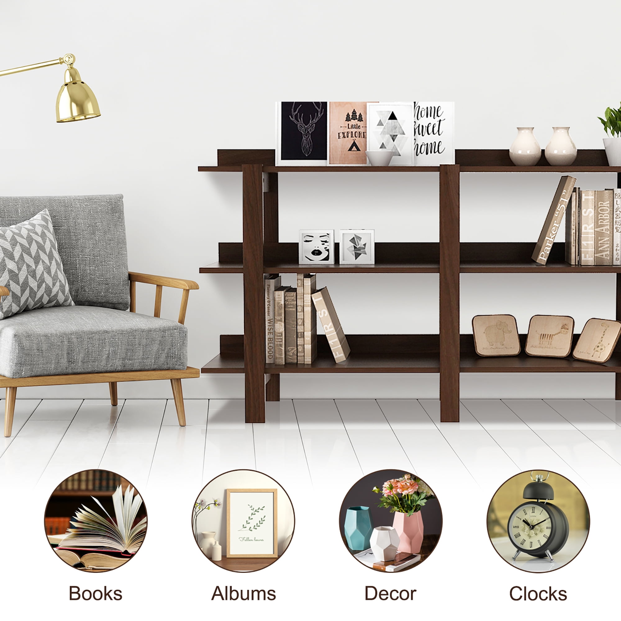 Costway 59'' 3 Tier Console Table with Storage Wooden Sofa Entryway Table Brown Walnut