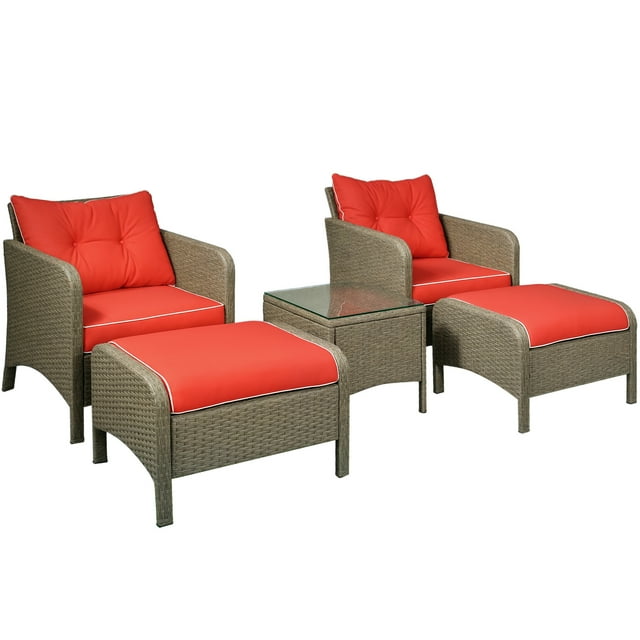 Outsunny Ensemble de Canapé de Patio en Osier 5 Pcs avec Coussins Épais Rembourrés, Ensemble de Conversation d'Extérieur en Rotin PE pour Café avec Fauteuils, Repose-Pieds et Table à Dessus en Verre, Rouge