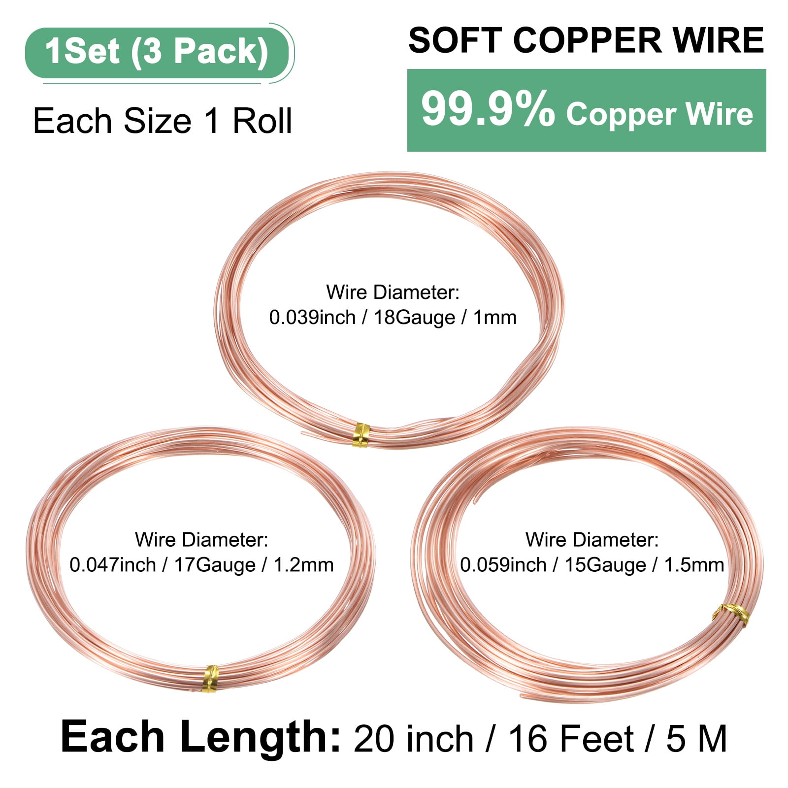 3-Rolls 99.9% Soft Copper Wire, 18 17 15 Gauge 16FT Pure Copper Wire for DIY [5M Each]