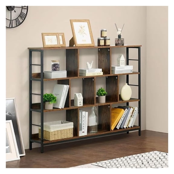 10 Cube Storage Organizer, 55” Wide 3 Tier Rustic Oak Industrial Open Shelf Bookcase, Display Shelf, Horizontal Bookshelf with Metal Frame, Wooden Board, for Living Room, Bedroom, Office
