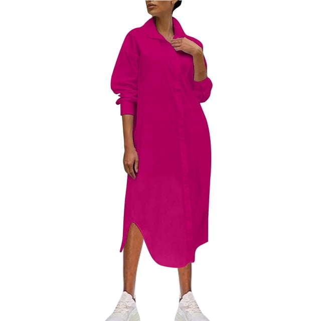 Gspmoly Robes d'Été pour Femmes 2025, Mode pour Femmes Col Rabattu Ample Coton Lin Manches Longues Ajustée Taille Haute Robe Robes d'Été pour Femmes Économies d'Été Liquidation