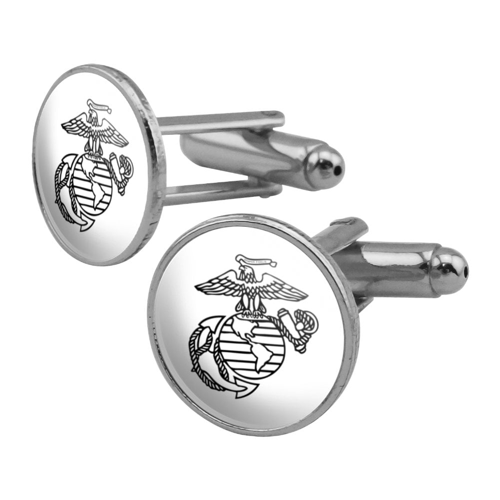 Marine Corps USMC Black White Eagle Globe Anchor Logo Officially Licensed Round Cufflink Set Silver Color