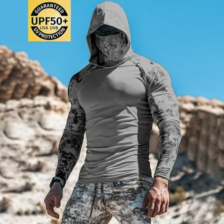 KIHOUT Men s UPF 50+ Sun Protection Shirt Camo Raglan Sleeve Hooded with Built-in Face Gaiter Quick Dry High Stretch Breathable Outdoor Fishing Hunting Hiking Athletic Summer Top