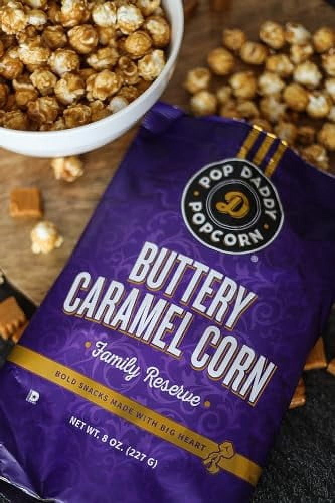 Pop Daddy Flavored Popcorn Gourmet, Buttery Caramel Flavor, Hand Seasoned Kernels Gluten Free Popcorn Snacks, 8oz Individual Bags, 3 Pack