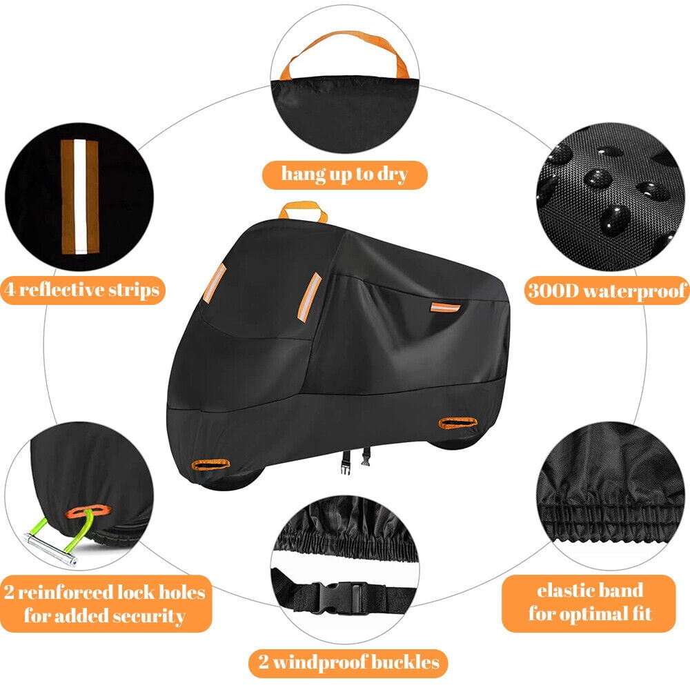 Motorcycle Cover (Four Seasons) Waterproof and Sun Protection Outdoor Night Reflective with Keyhole and Storage Pocket, (XXL: 90" x 35" x 50")