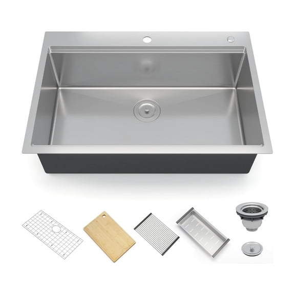 Home Drop In Kitchen Sink, 16 Gauge Stainless Steel Kitchen Sinks,Topmount Workstation Sink with Ledge, 10" Deep Single Bowl Sink with 6 Accessories