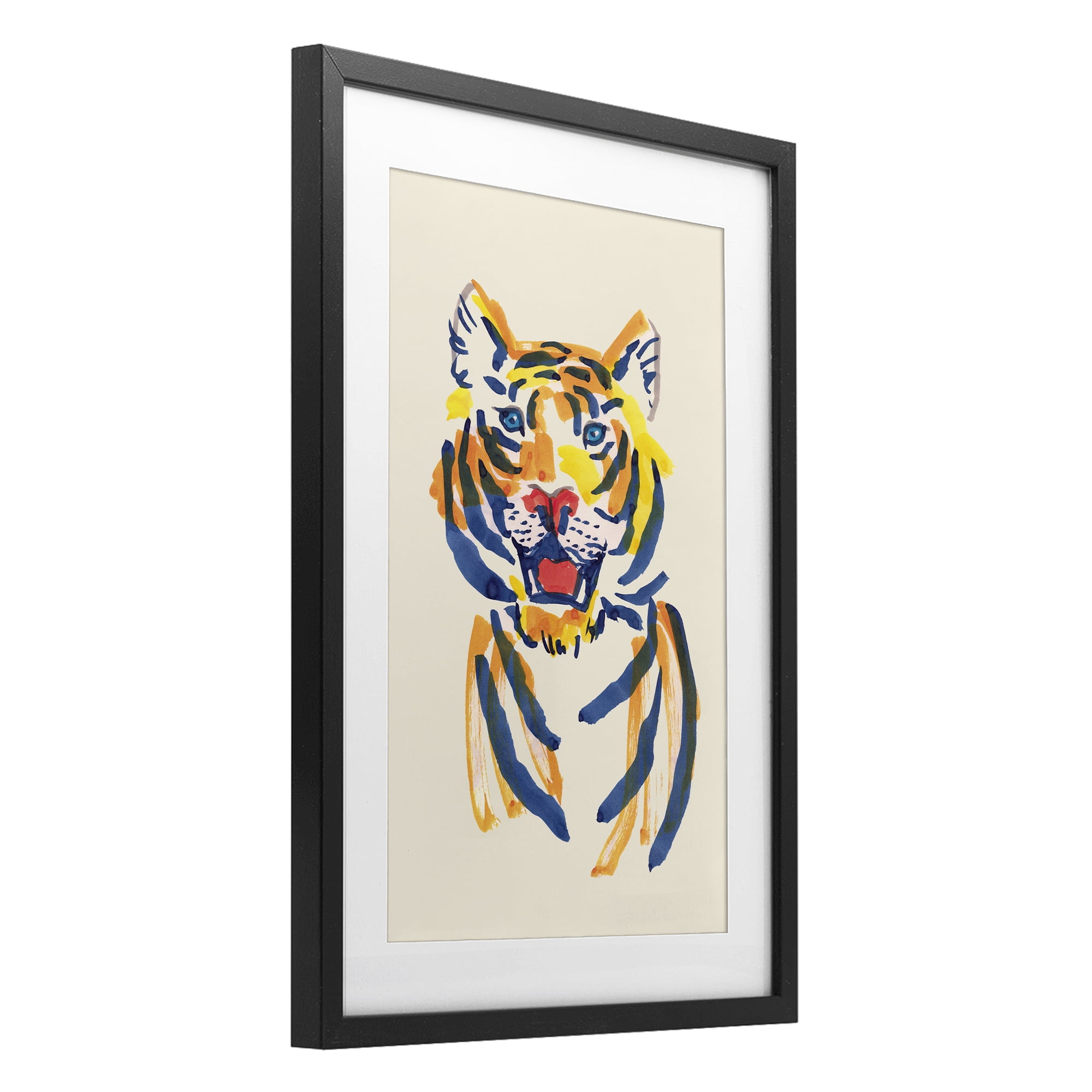 Tiger Roar Watercolor Black Framed Print Under Glass, design by Karolina Sato
