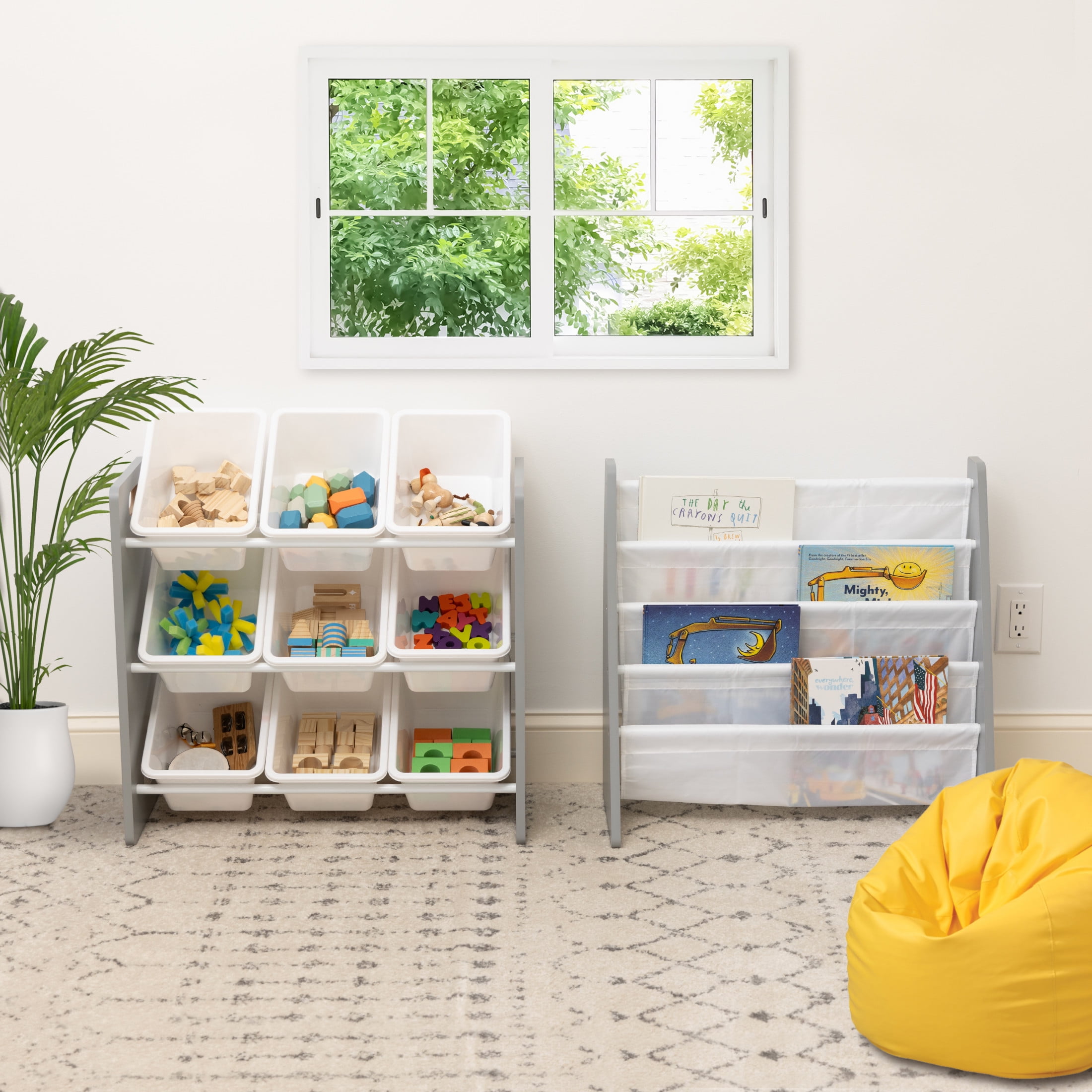 Humble Crew Kids Toy Storage Organizer with 9 Plastic Storage Bins, Grey/White