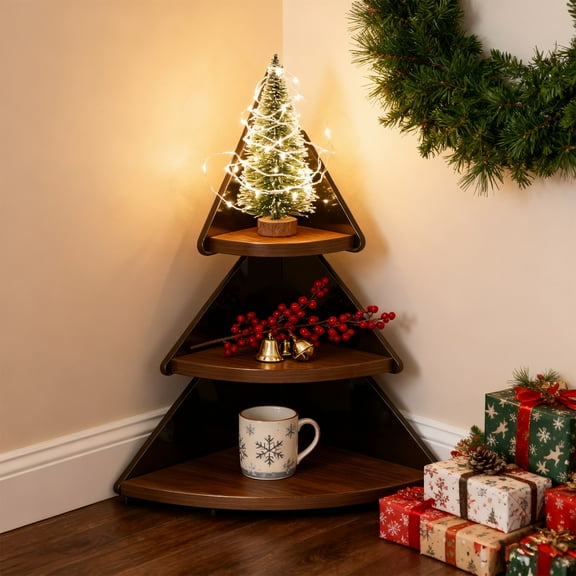 YIMWNYI Christmas Tree Shaped Corner Rack, Multi-Layer Storage Shelf, Space-Saving Desktop Organizer, Ideal for Kitchen Office Decoration, Display Cups and Small Objects, Rustic Wood Design