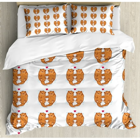 - Otter Duvet Cover Set, Adorable Couple Holding Hands in Sea Love Theme Valentines Day Inspired, Decorative Bedding Set with Pillow Shams, Marigold Blue Magenta, by Ambesonne