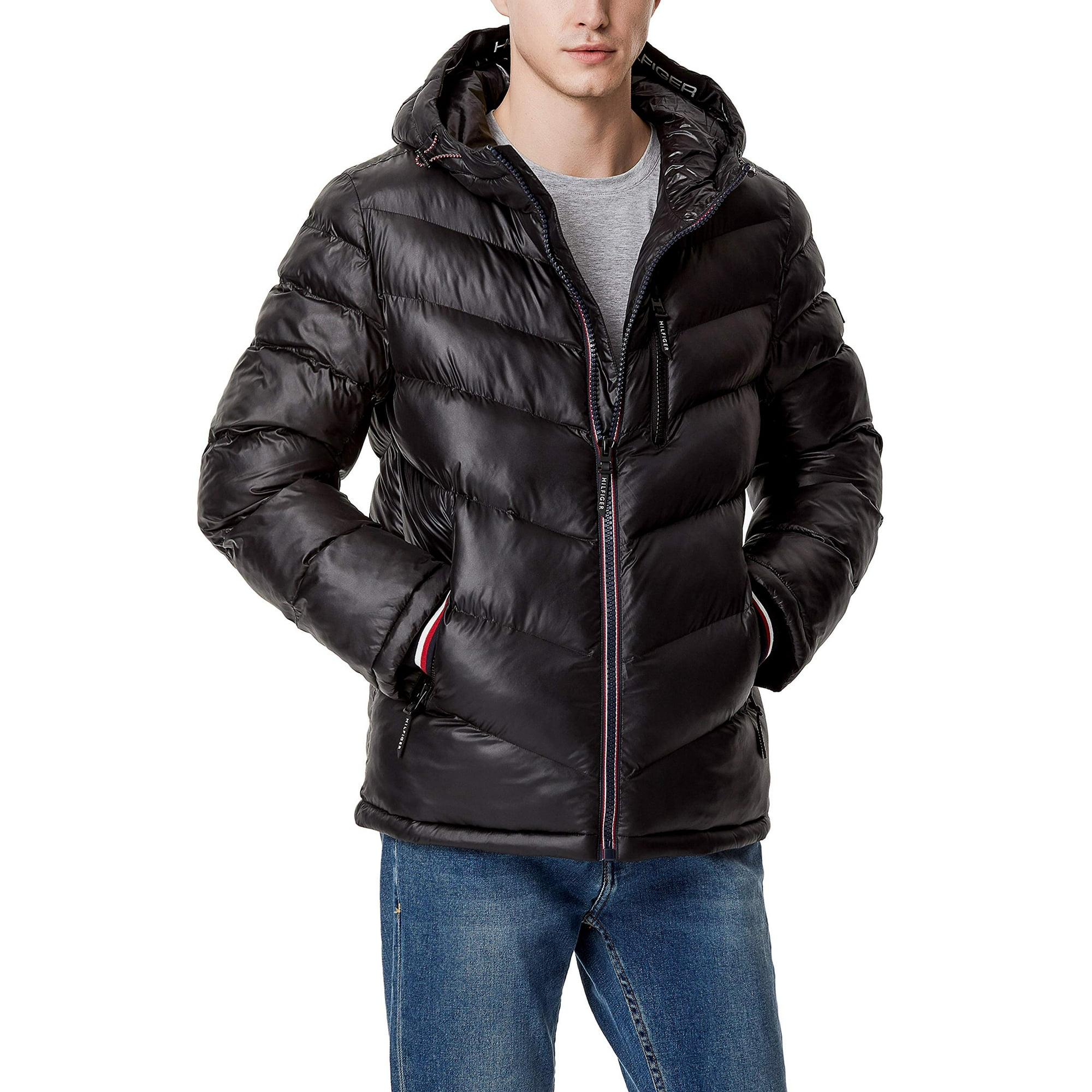 Tommy Hilfiger mens Midweight Chevron Quilted Performance Hooded Puffer Jacket