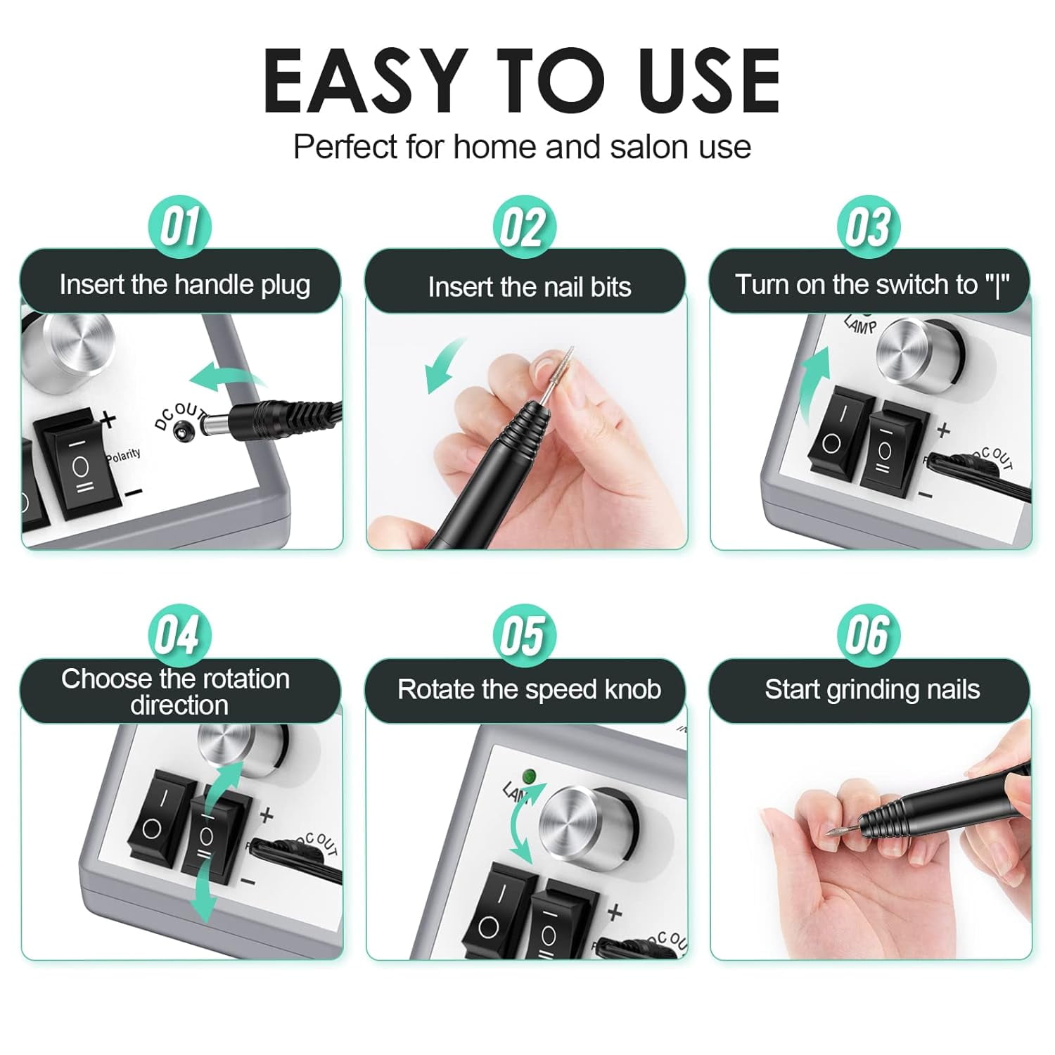 Professional Electric Nail Drill Kit 20000 RPM w/ 6 Bits & F/R Switch for Gel/Ac,grey