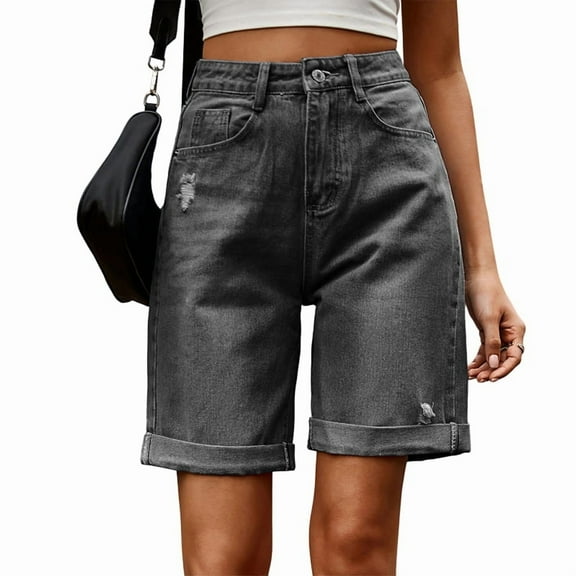 Womens Jean Shorts Knee Length Trendy Y2k High Waisted Wide Leg Casual Summer Shorts with Pockets Black & Gray M