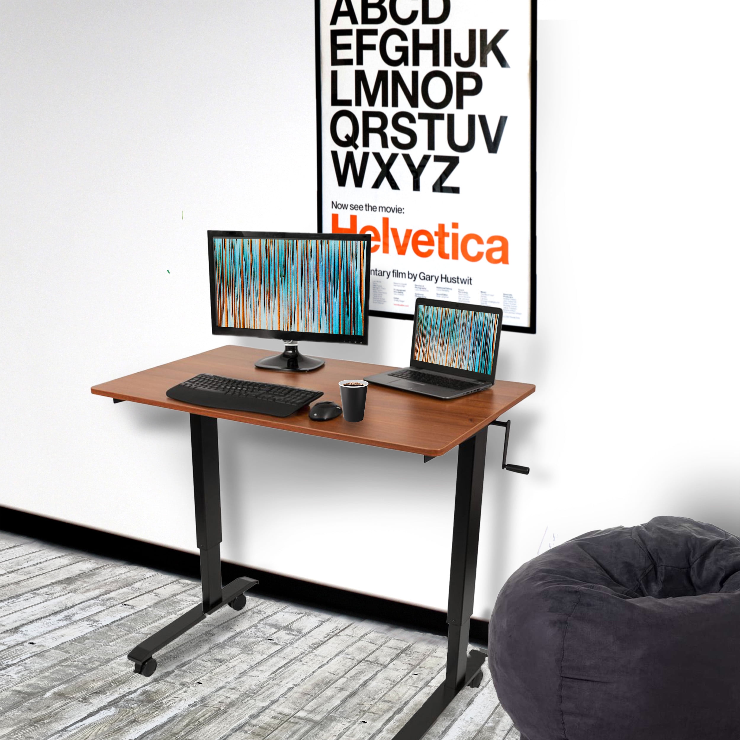 Stand Up Desk Store Crank Adjustable Height Rolling Standing Desk (Black Frame/Teak Top, 48" Wide)
