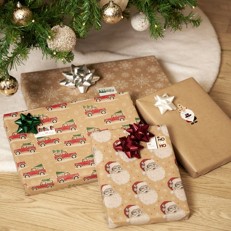 Holiday Time Santa Face Kraft Wrapping Paper, Traditional, Christmas,  Brown, Red, White, 30 Wide