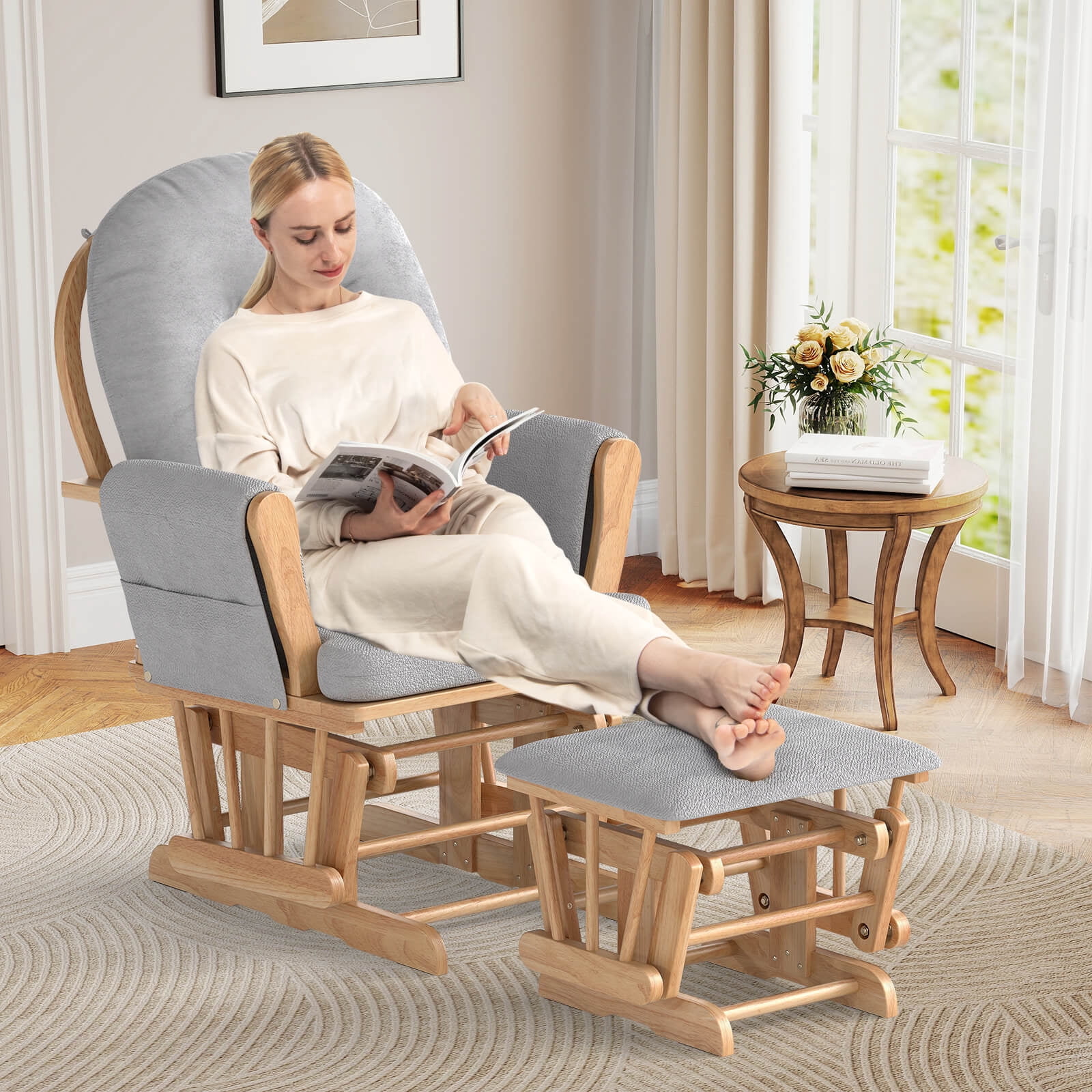 Costway Glider and Ottoman Cushion Set Wood Baby Nursery Rocking Chair Gray