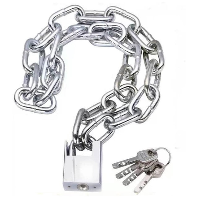 candado de bicicleta,candado con cadena para bicicleta,candado de cadena para motocicleta, bloqueo de cadena de seguridad,para bicicleta, ciclomotores, scooters y motocicletas Candado con cadena de acero templado de 800 mm, vista frontal centrada; cadena de eslabones soldados con acabado plateado, cuerpo de chapa de acero laminada remachada y candado con cierre de llave; cuatro llaves resistentes a la oxidación mostradas; portátil y adecuado para asegurar bicicletas, motocicletas, herramientas y equipos exteriores; a menudo usado también para asegurar cajas de herramientas durante transporte.
