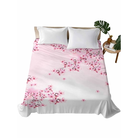 Cherry Blossom Flat Sheets Only Full Size, Soft Breathable Bed Top Sheets for Mattress, Gradient Tree Pink Flower Plant Luxury Bedding Flat Sheets for Home Hotel Bedroom Bed Protection