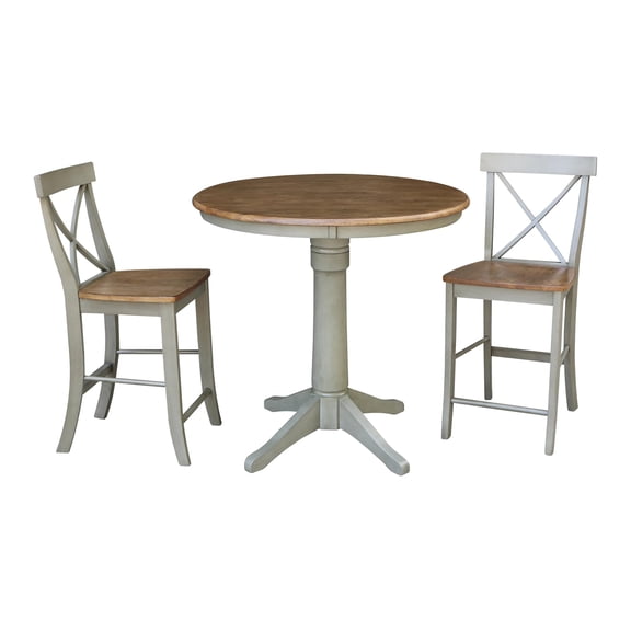 36" Round Solid Wood Distressed Hickory/Stone Counter Height Table With 2 Stools