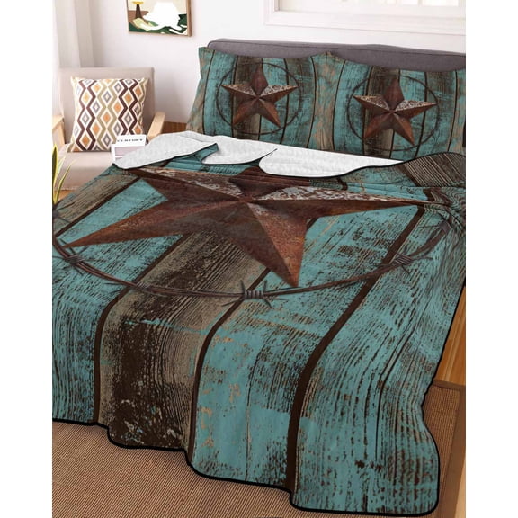 Teal Brown Texas Star Retro King Size Down Alternative Comforter, Lightweight Comforter Quilt Bedding Set with Pillow Shams Vintage Star Wooden All Seasons Bed Comforter Duvet Insert 96"x106"