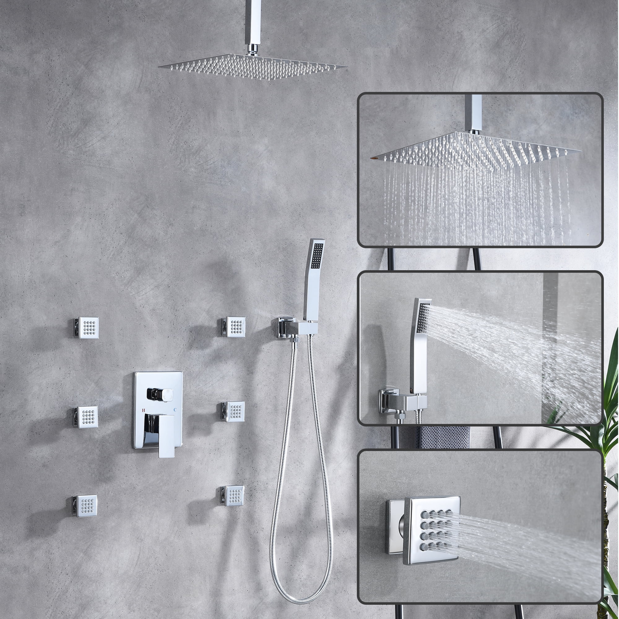Full Body Shower System with Body Shower Spray Jets, 12'' Ceiling Shower Head System with Jets & Hand Shower, Polished Chrome Rain Shower System Faucet Set with Jets & Valve