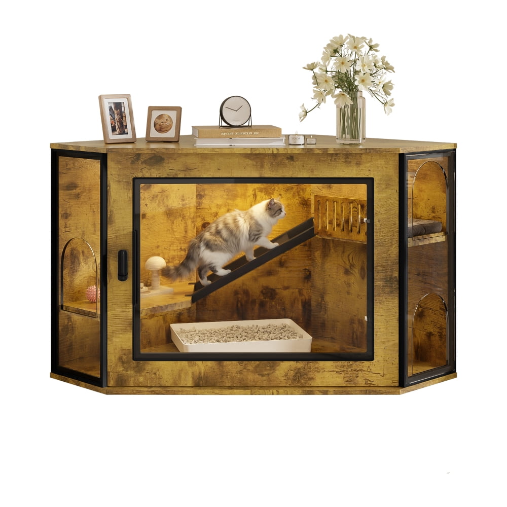 48" Corner Cat Litter Box Enclosure, Modern Hidden Cabinet with Acrylic Door & LED Light, Cat House with Playground & Stairs
