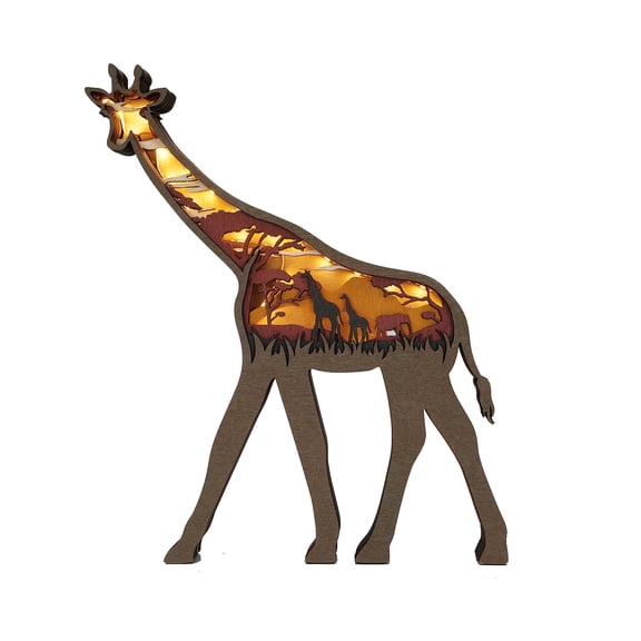 3D Wooden Animals Carving LED Night Light, Wood Carved Lamp Modern Festival Decoration Home Decor Desktop Desk (Giraffe)