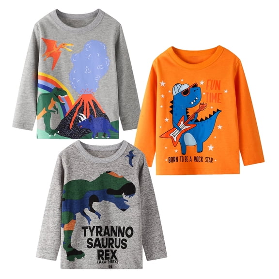 HILEELANG DINO TSHIRT: Long Sleeve, Crewneck, Cotton, Casual, 3-Pack, Size 5