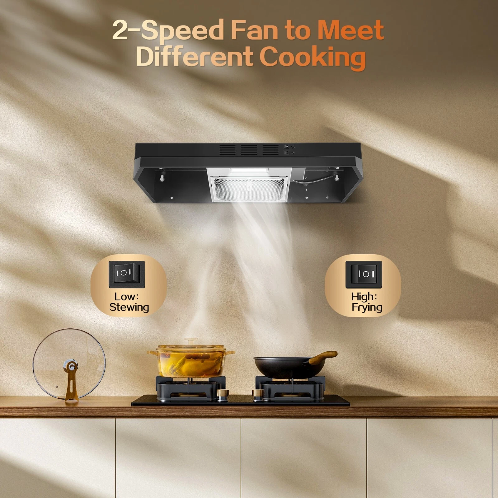 24 inch Under Cabinet Range Hood 2-Speed 280CFM Kitchen Vent Aluminum Grease Filter Effective LED Light Black Stainless Steel