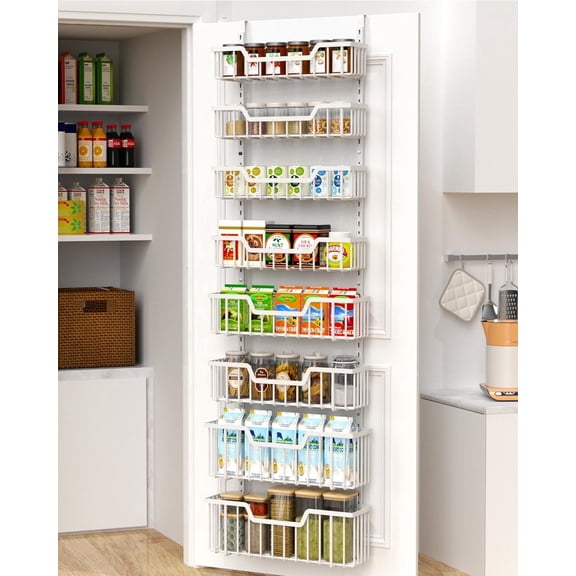 VyGrow Over The Door Pantry Organizer, 8-Tier Pantry Door Organizer with Adjustable Basket, 3 Sizes, Metal Hanging Spice Rack for Kitchen, White