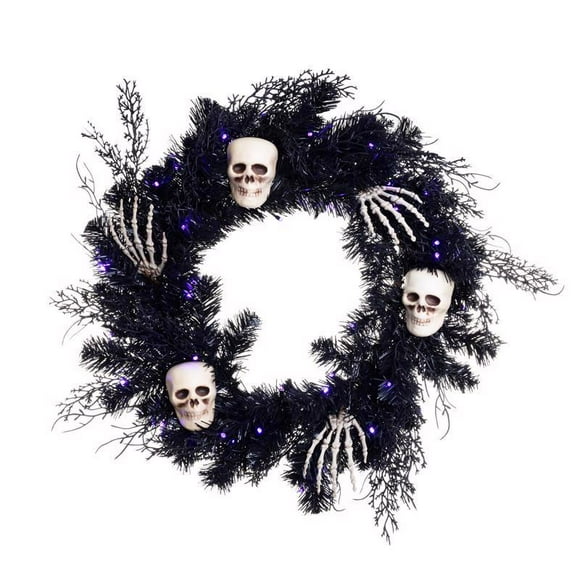 Calavera negra preiluminada con LED para celebrar coronas de 24 cm, naranja/morado