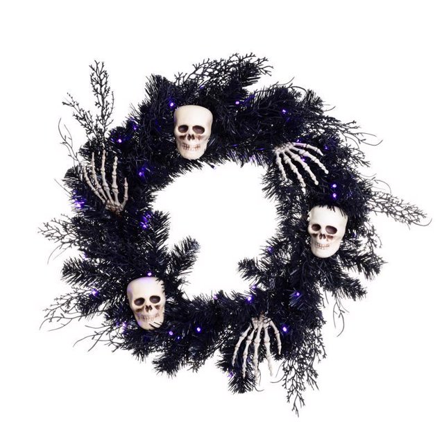 Calavera negra preiluminada con LED para celebrar coronas de 24 cm, naranja/morado