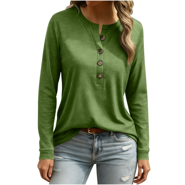 HongQid Womens Long Sleeve Tops Round Neck Solid Color Henley Shirts Ladies Basic Button Tunic Blouse