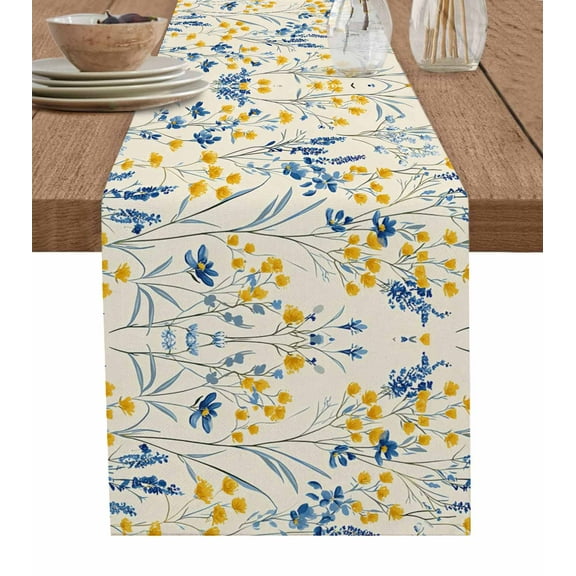 Hokiten Table Runners 120 Inches Long Dress Scarves, Blue Yellow Flowers Farmhouse Coffee/Dining/Kitchen Table Runner for Living Room, Botanical Blossom Motif 13x120 Inch