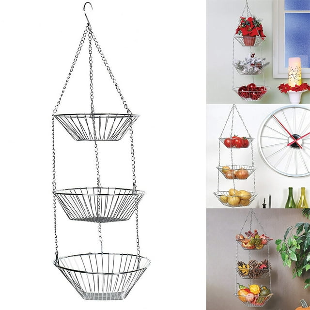 Hanging Fruit Basket Hangers Stainless Lifting Decorations Demountable Organizer Steel Racks Rust-proof Storage Baskets Knotted Demountable Space Saving 3-Layer Rack