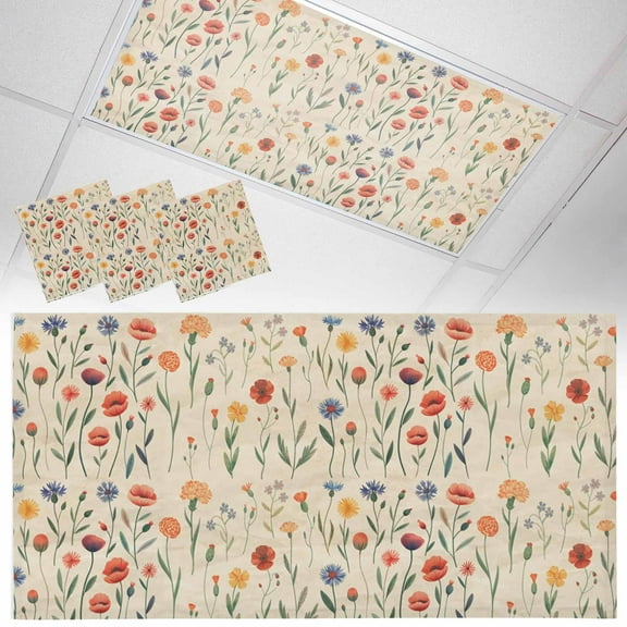Ceiling Light Cover for Classroom, Rustic Floral Wildflowers Magnetic Fluorescent Light Covers Filter for School,Office, 2X4 FT, Pack of 3, Vintage Watercolor Botanical Pattern