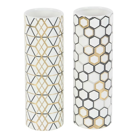 White Cylinder Bottle - Decmode Set of Two - 12 Inch Modern Ceramic Honeycomb and Geometric-Patterned Cylindrical Vases, White