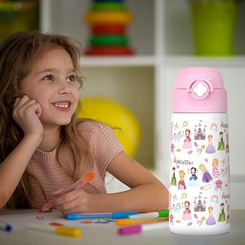 Girls Insulated Water Bottle with Covered Pop-Up Straw,16 oz Kids Cups with Stainless Steel Leak Proof for School Pink（Princess）